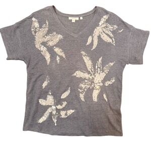 Chicos 100% Linen Knit Tee Sequin & Embroidered Embellishments 0/Sm/4 Summer Tee